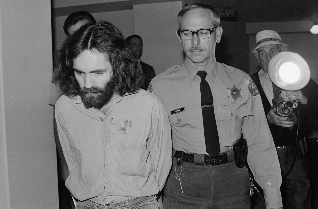 Manson being led to court in LA.